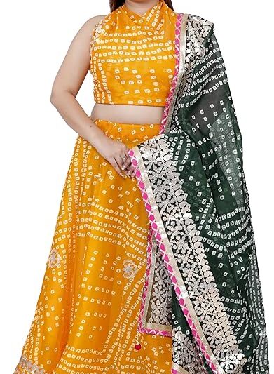 PAHNAVA Bandhani Print Stitched Kota Doria Gota Patti Work Traditional Ethnic Lehenga Choli with Dup