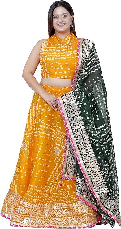 PAHNAVA Bandhani Print Stitched Kota Doria Gota Patti Work Traditional Ethnic Lehenga Choli with Dup