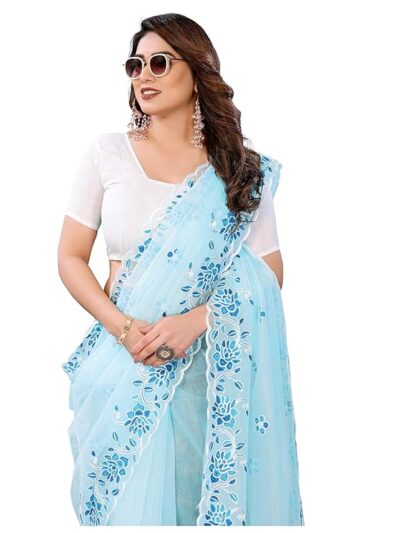 Women's Shining Net Embroidered Saree With Unstitched Blouse Piece (Pari_Free Size)