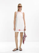 White Sleeveless Embroidered Linen-Cotton Dress