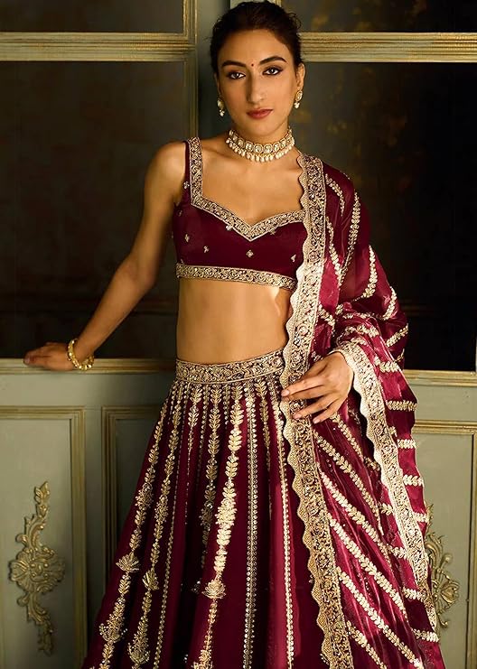 TRENDMALLS Women Art Silk Semi Stitched Embroidery With Golden Sequin Work Lehenga Choli With Dupatt - Image 2