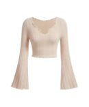 Latest V-Neck Notched Flared Sleeve Top for Women | Stylish Polyester Long Sleeve Blouse for Casual