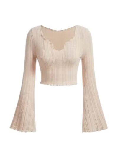 Latest V-Neck Notched Flared Sleeve Top for Women | Stylish Polyester Long Sleeve Blouse for Casual