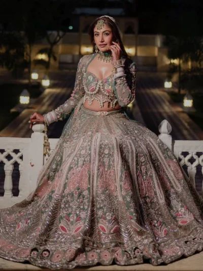 Lehenga Set with Embroidered Crop Top, Pink and Mint Green Heavy Work Wedding Dress with Dupatta