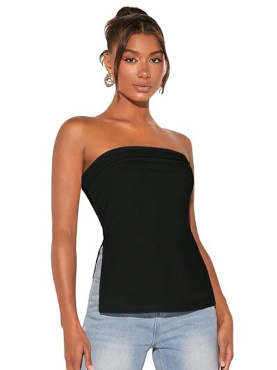 Split Strapless Hem Tube Top with Side Slit Crop Top for Women's & Girl's