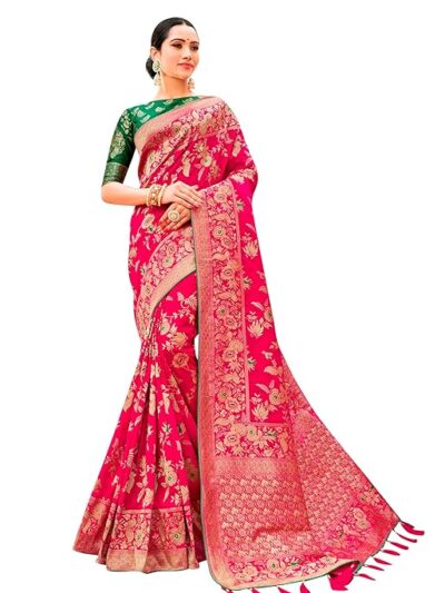 Monjolika Fashion Women's Banarasi Silk Blend Woven Zari With Tussles Saree and Jacquard Woven B