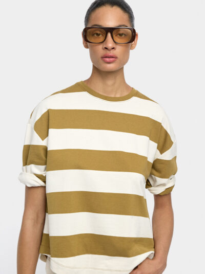 100% Cotton Striped 3/4 Sleeve T-Shirt – Camel