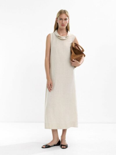 100% Linen Midi Dress – Beige