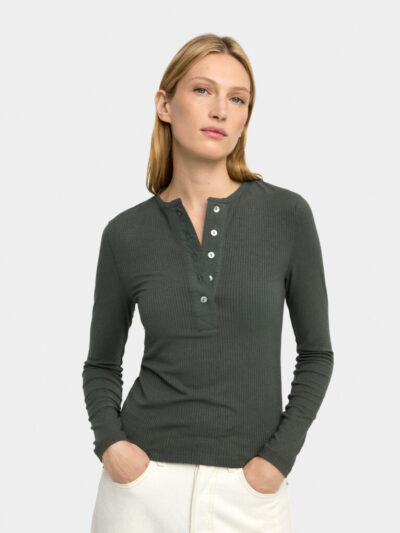 Ribbed Button-Front Long Sleeve T-Shirt – Khaki