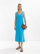 Red-Blue Fluid V-Neck Strap Midi Dress