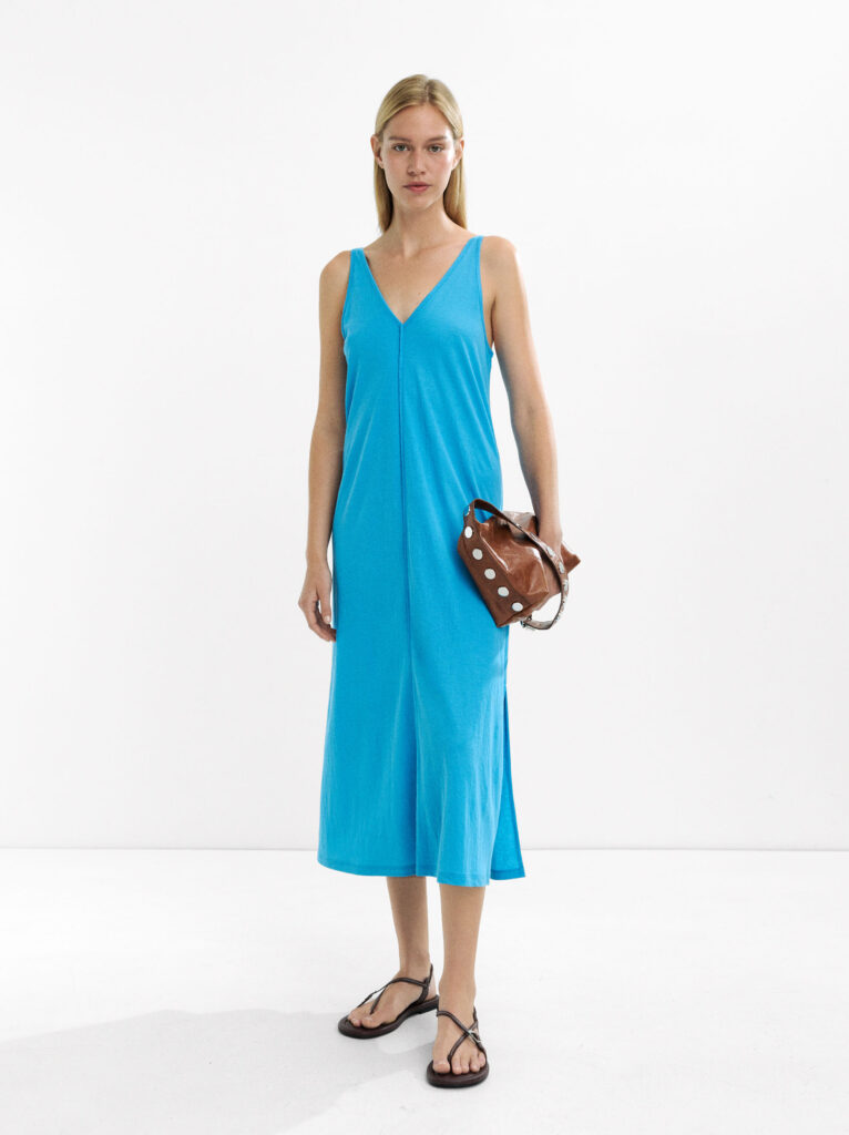 Red-Blue Fluid V-Neck Strap Midi Dress