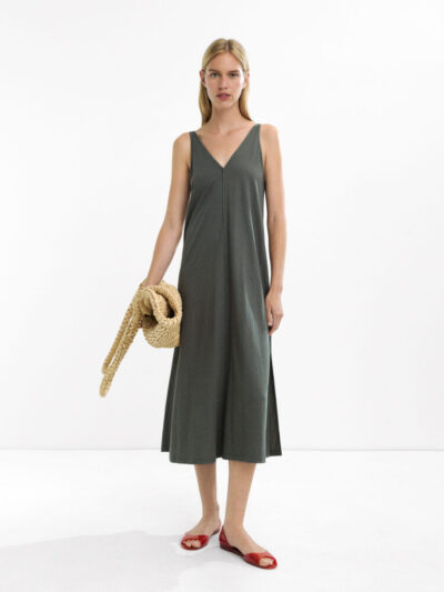 Khaki Fluid V-Neck Strap Midi Dress