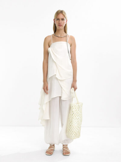 White Linen Blend Draped Frill Dress