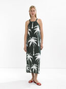 Palm Tree Print Straight-Neck Maxi Dress – Blue