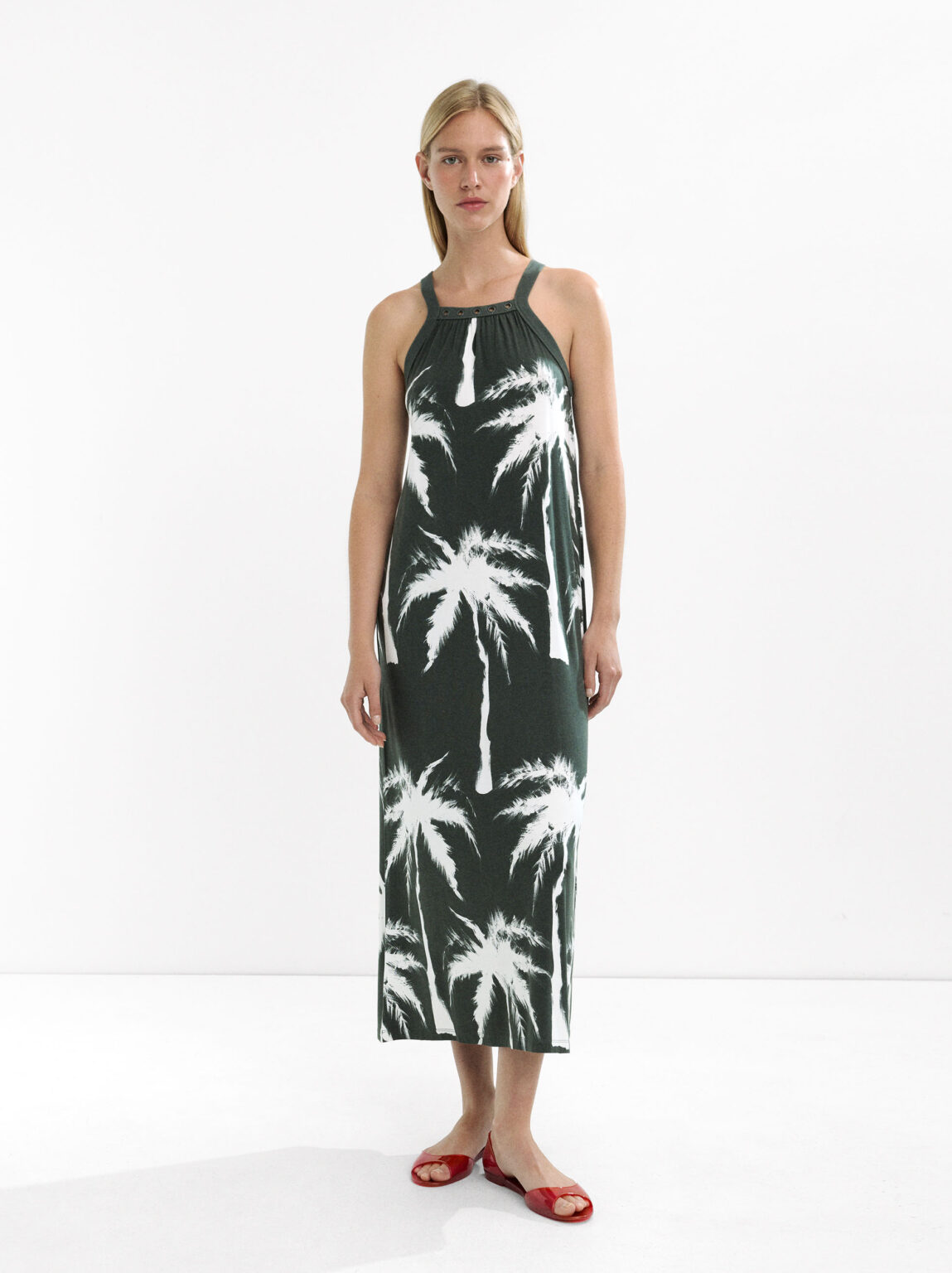 Palm Tree Print Straight-Neck Maxi Dress – Blue