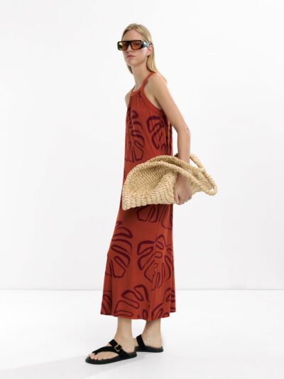 Palm Tree Print Straight-Neck Maxi Dress – Brown