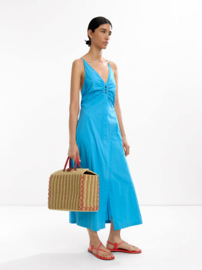 Blue Ruched-Front Open-Back Maxi Dress