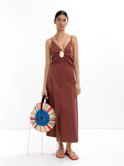 Brown Ruched-Front Open-Back Maxi Dress