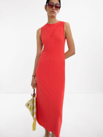 Ribbed Stud-Neck A-Line Maxi Dress – Red