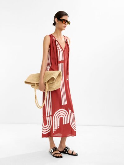 Printed Shell-Detail V-Neck Maxi Dress