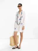White Embroidered Cotton Mandarin Collar Dress