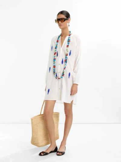 White Embroidered Cotton Mandarin Collar Dress