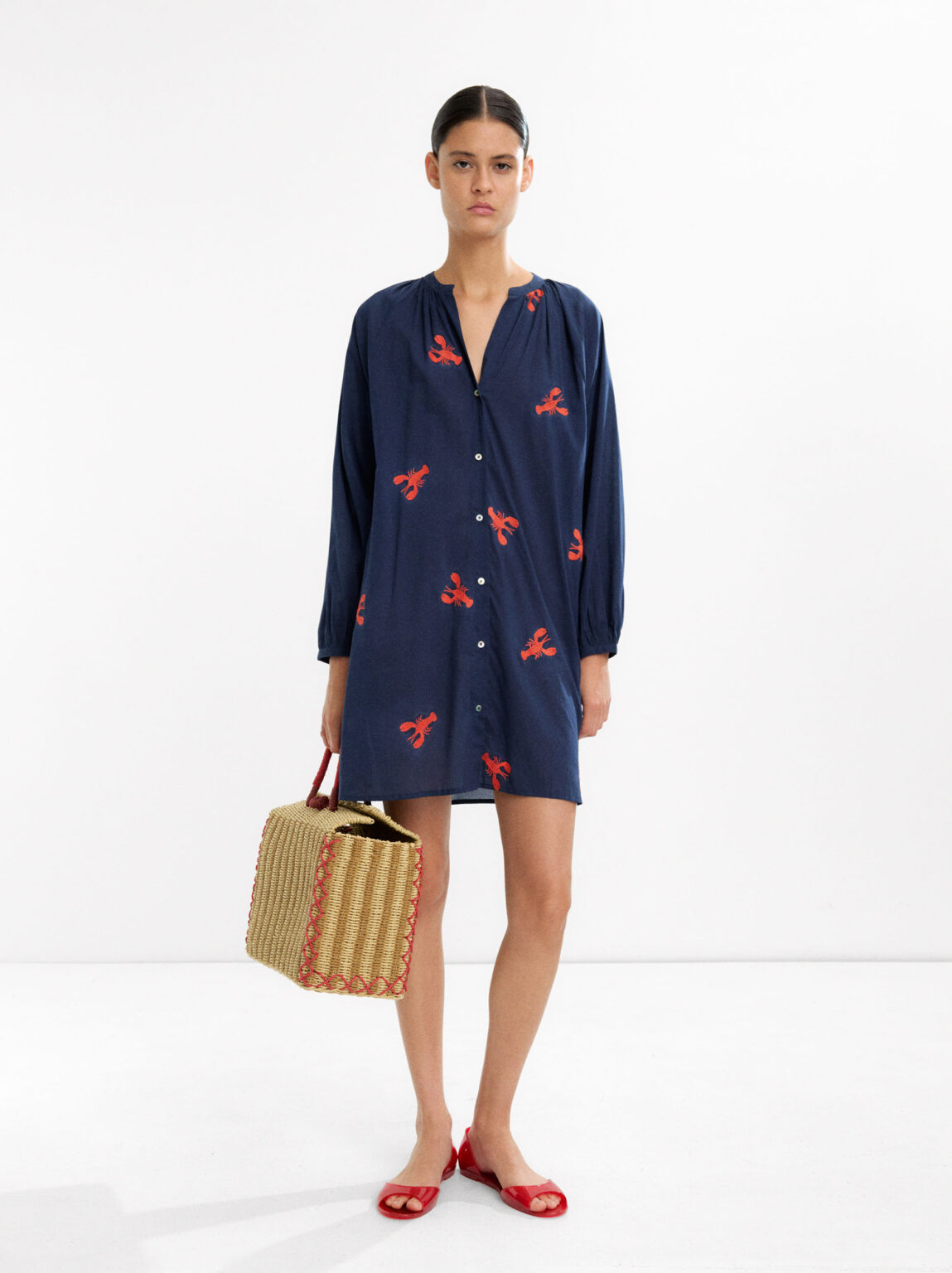 Navy Embroidered Ruched Cotton Shirt Dress