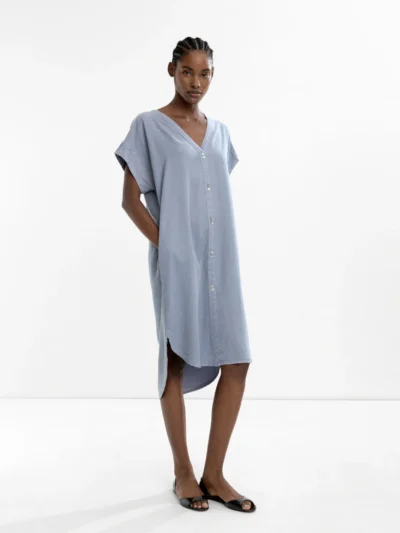 Sky Blue Lyocell Flowy V-Neck Dress