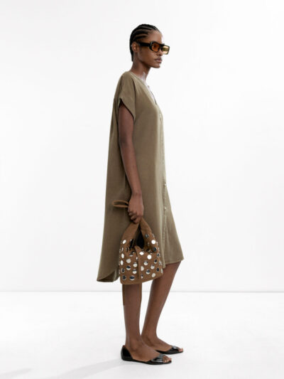 Khaki Lyocell Flowy V-Neck Dress