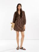 Brown Embroidered Cotton Puff Sleeve Dress