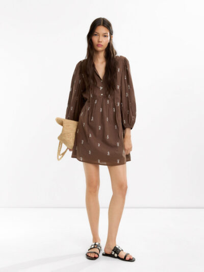 Brown Embroidered Cotton Puff Sleeve Dress