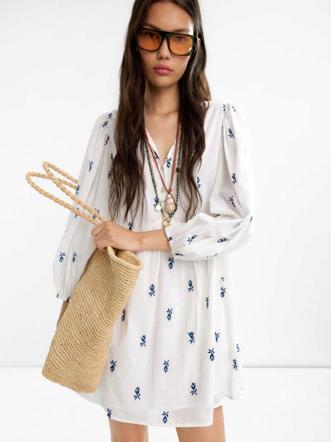 White Embroidered Cotton Puff Sleeve Dress