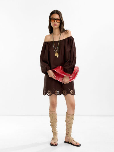 Brown Off-Shoulder Pierced Embroidery Dress