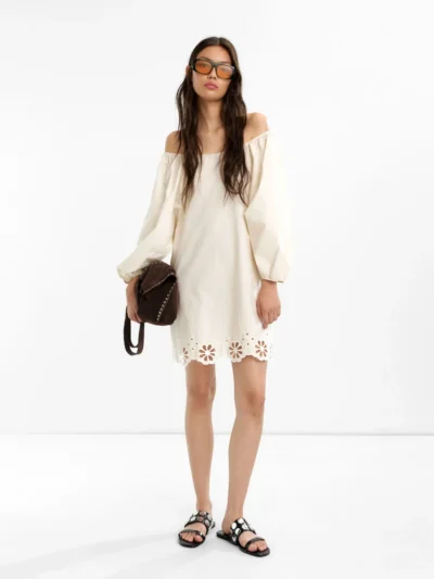 White Off-Shoulder Pierced Embroidery Dress