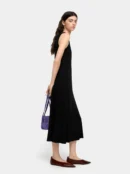 Ribbed Stud-Neck Flowy Maxi Dress – Black