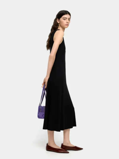 Ribbed Stud-Neck Flowy Maxi Dress – Black
