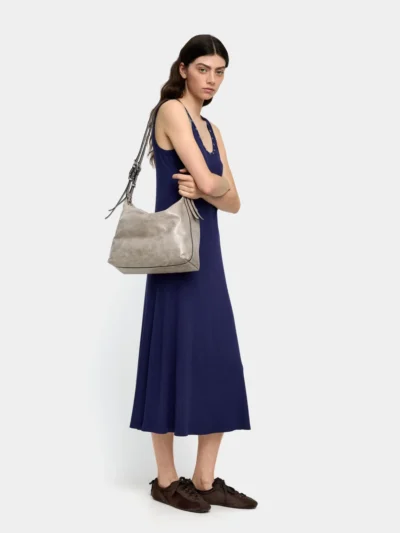 Ribbed Stud-Neck Flowy Maxi Dress – Blue