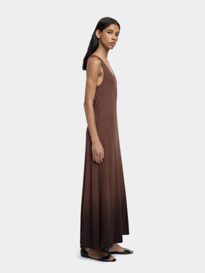 Ribbed Stud-Neck A-Line Maxi Dress – Brown