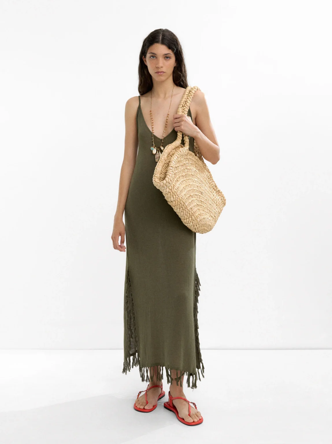 Linen-Cotton Fringe-Hem Maxi Dress