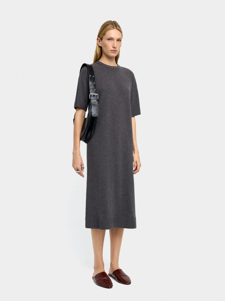 Gray Knit Ribbed Midi Dress