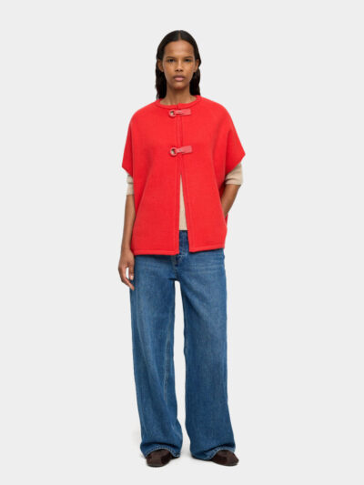 Buckle-Closure Knit Poncho Red