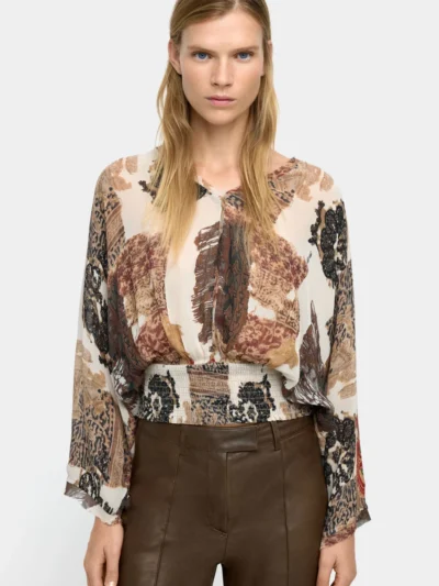 Semi-Sheer Printed V-Neck Blouse – Brown Mix
