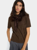 Knit Satin-Scarf Detail Top – Brown