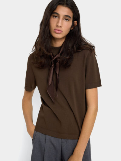 Knit Satin-Scarf Detail Top – Brown