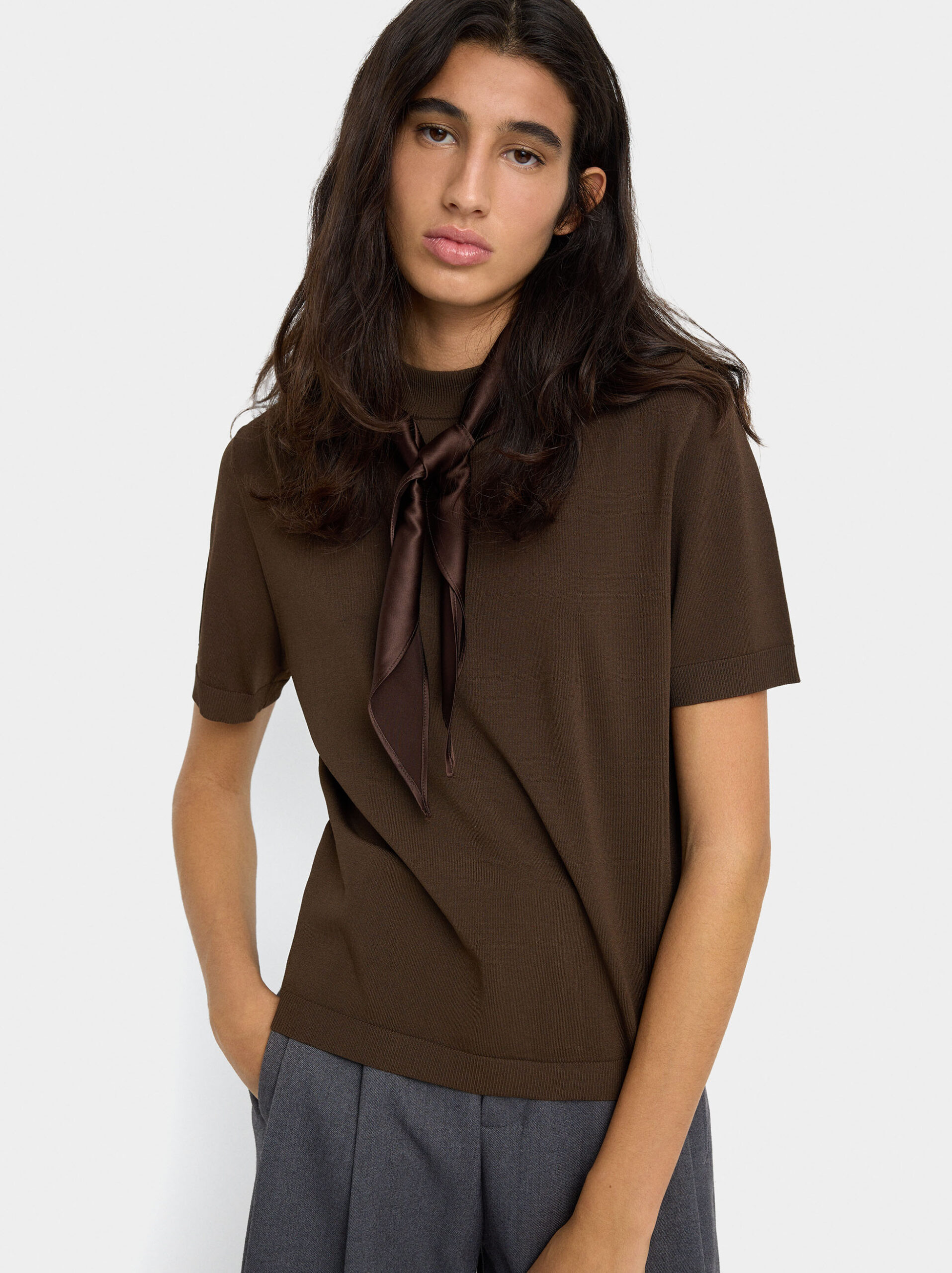 Knit Satin-Scarf Detail Top – Brown