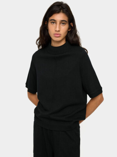High-Neck Cotton Structured Tee – Black