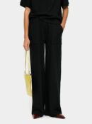 Elastic Waist Straight Trousers with Ribbed Pockets – Black