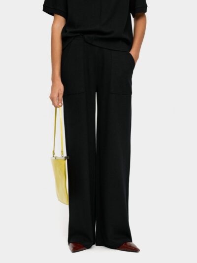 Elastic Waist Straight Trousers with Ribbed Pockets – Black