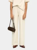 Elastic Waist Straight Trousers with Ribbed Pockets – Ecru