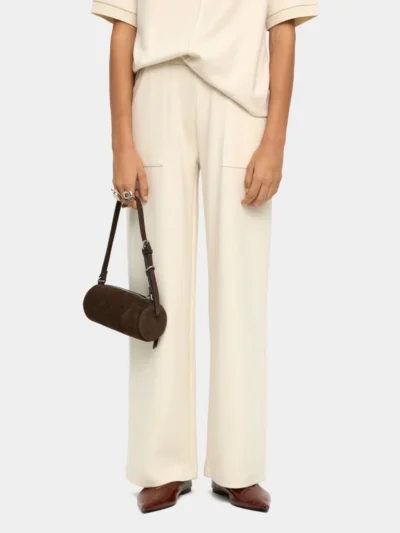 Elastic Waist Straight Trousers with Ribbed Pockets – Ecru
